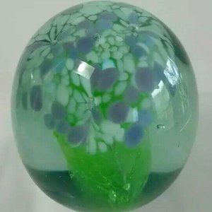 Vtg Kerry Glass Paperweight Guaranteed Irish Green White Lilac Flowers Swirls